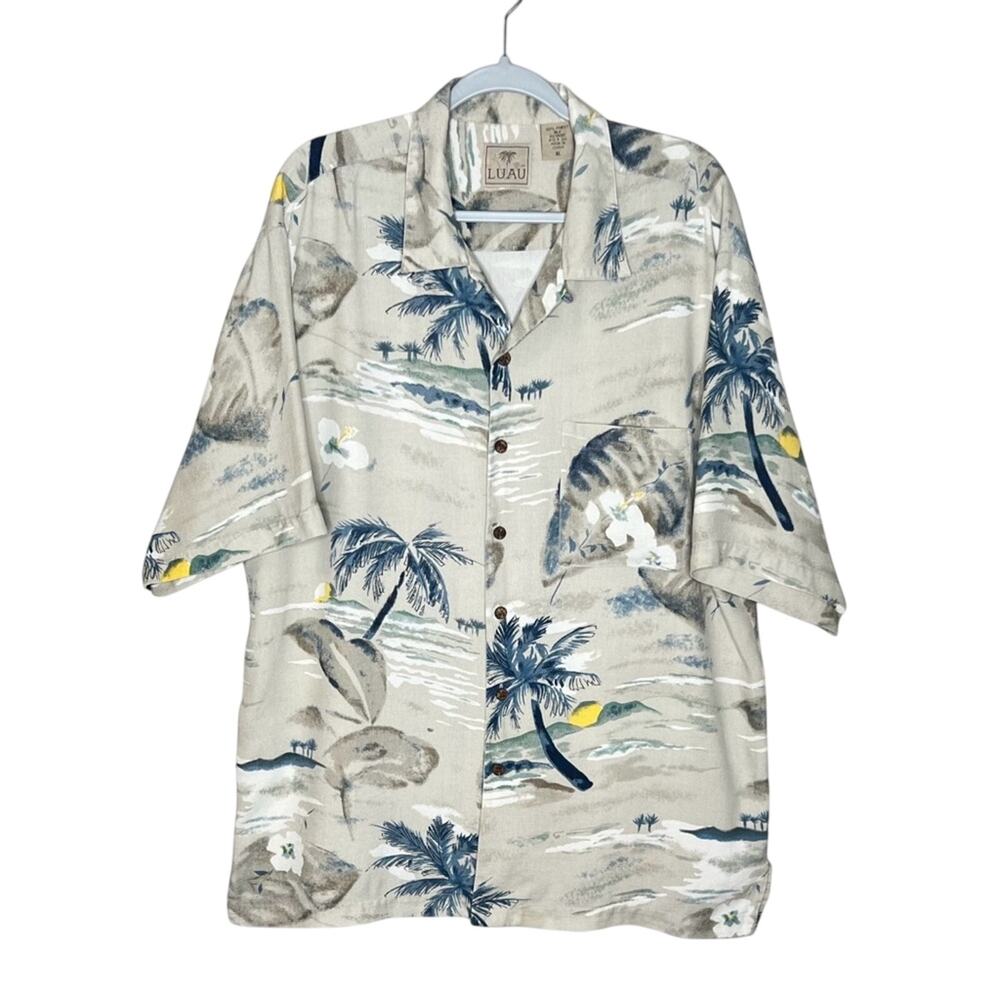 Luau Silk Button Up Camp Shirt Mens XL Textured Tropical Hawaiian Palm Tree